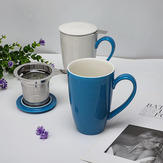 amhomel Porcelain Tea Mug with Infuser and Lid, 16 Ounce Ceramic Tea Cup for Loose Leaf, Coffee, Cocoa and Milk, Tea Gift for Tea Lovers, Set of 2(Blue and White)
