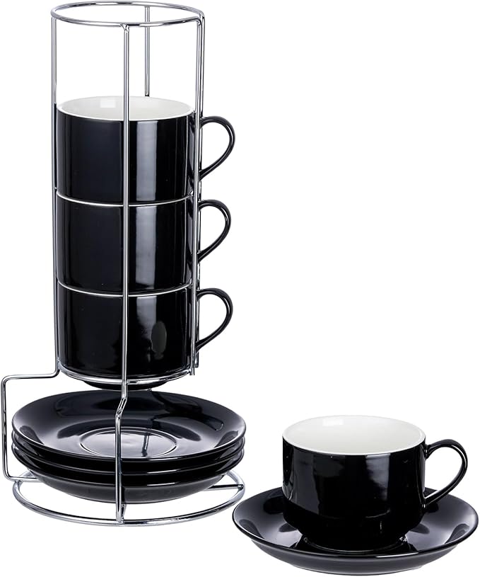 8 Ounce Porcelain Cappuccino Cups with Saucers and Silver Stand, Black Cups Set of 4