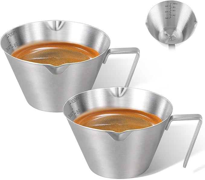 2 Pcs Espresso Cups with Handle, Stainless Steel Espresso Accessories, Double Spout Metal Measuring Cup with Dual Scale, Espresso Shot Cup with V-Shaped Mouth, 3.4OZ/100ML(Silver)