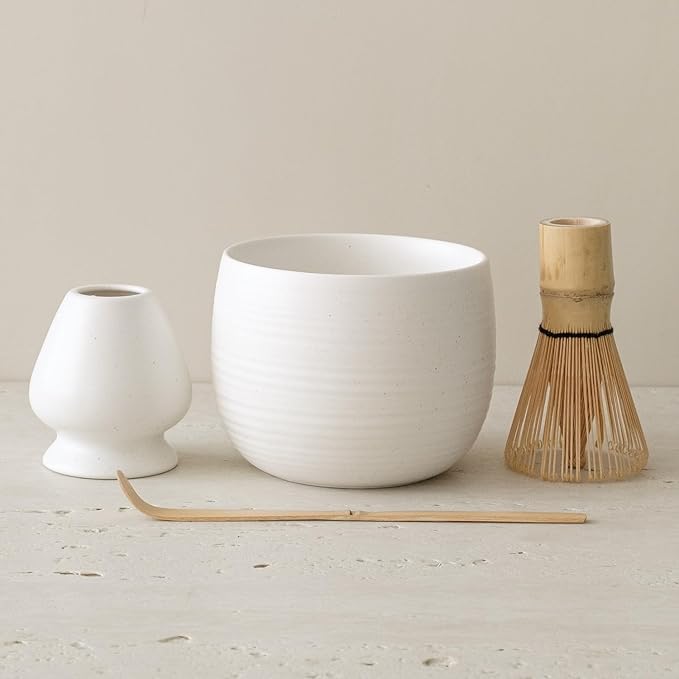 Matcha Whisk Set, Ceramic Matcha Bowl & Whisk Holder, Bamboo Accessory, Modern Design (White, Traditional Bowl Design)