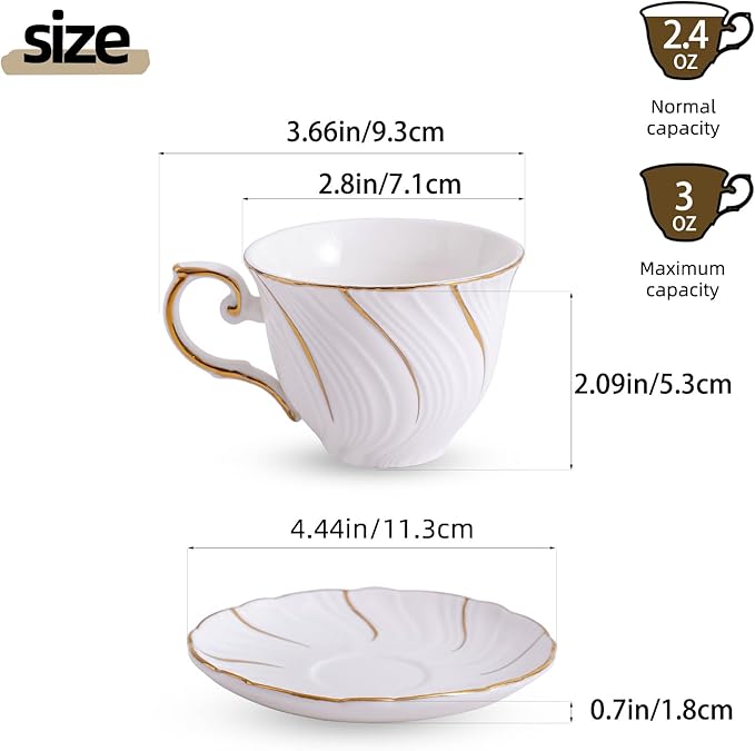 Ceramic Mini Espresso Cups Set of 4,3oz Espresso Mugs with Saucer,Porcelain Coffee Mugs Demitasse Cups, Modern Style cups for Latte, Cafe Mocha(4, White with gold thread)