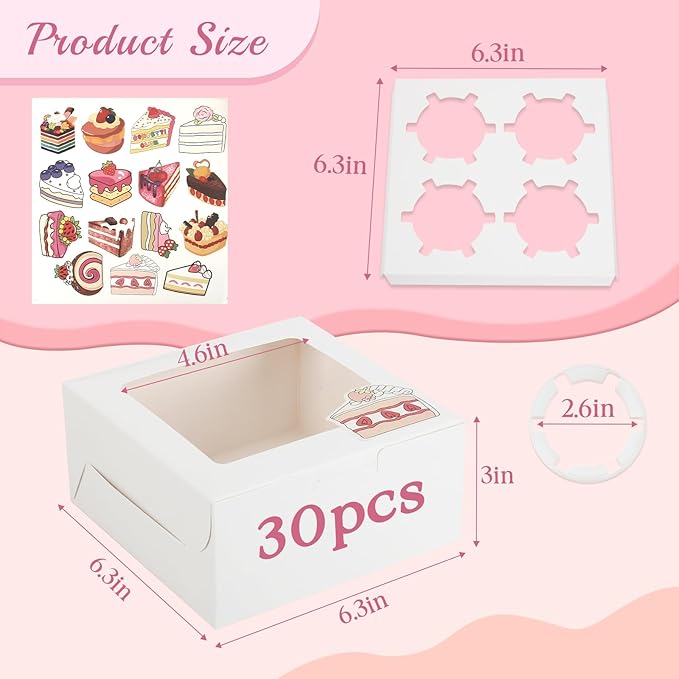 OAMCEG 30 Pack Cookie Boxes with Window 6x6x3 Inches White Bakery Treat Boxes with Stickers & Twine for Pastry, Desserts, Strawberries, Cupcakes, Gift Giving