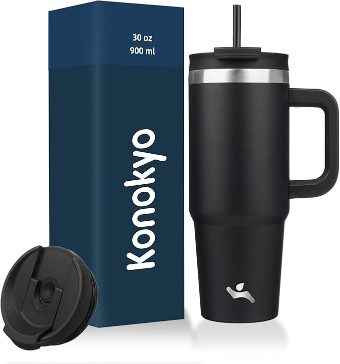30 oz Tumbler with Handle and 2 Straws,2 in 1 Lid Insulated Water Bottle Stainless Steel Travel Coffee Mug,Black