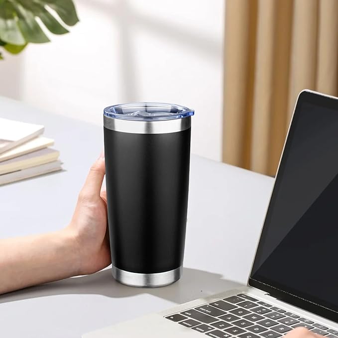 20oz Tumbler with Lid Double Wall Vacuum Insulated Travel Coffee Mug Stainless Steel Thermal Cup Powder Coated Sturdy Coffee Tumbler Bulk for Hot and Cold Beverage (Black,6)