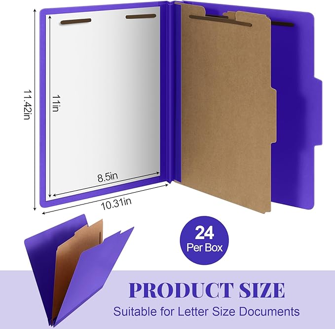24 Pcs Classification Folders Letter Size, Back to School Supply for Teacher, Student, 1 Divider Pressboard File Folder Bulk with 2 Fasteners, 3.5 Inch Expanding File Organizer (Purple)