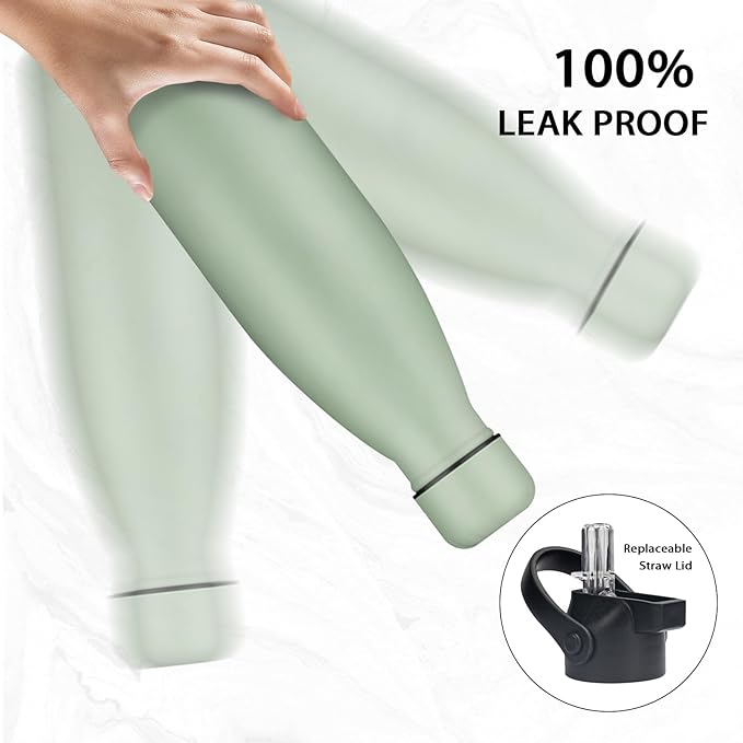 Insulated Water Bottle, 17oz Stainless Steel Water Bottles with straw lid, Metal Sports Water Bottles for Boys,Girls, Double Wall Vacuum BPA-Free Flask for School, Sports (Matcha Green)