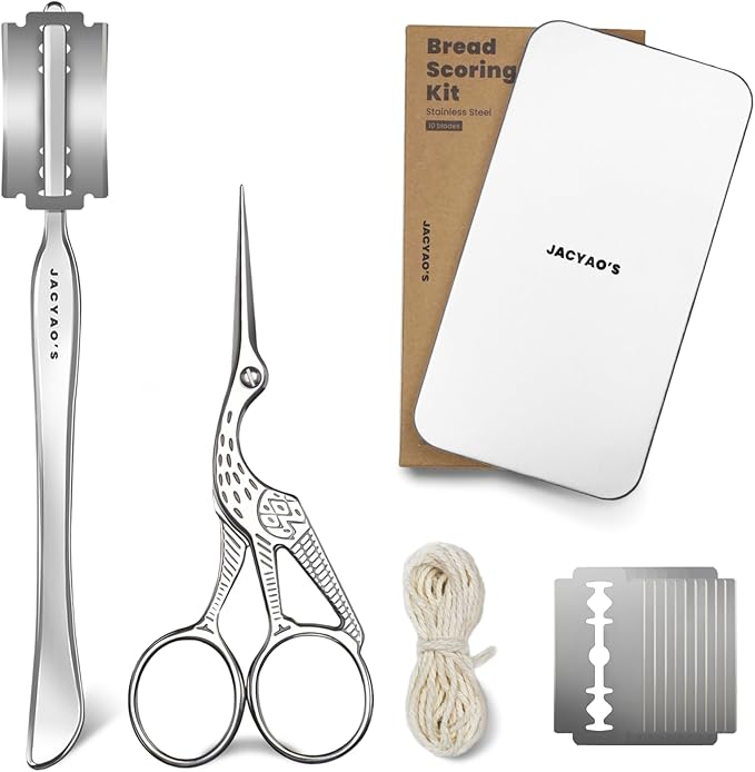 JACYAO'S Bread Scoring Tool Kit, Bread Lame and Dough Scissors Made From Food Grade Stainless Steel, Sourdough Scoring Tool Kit with 100 Inches Cotton Twine, 10 Razor Blades and Metal Storage Box
