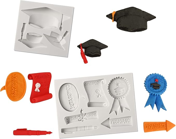 Sakolla Graduation Fondant Molds Silicone Doctoral Cap Diploma Chocolate Candy Molds Congrats Grad Congratulations Mould Cake Toppers Party Decorations for 2025 Graduation Celebration