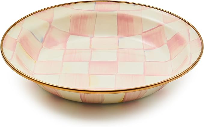 MACKENZIE-CHILDS Enamel Pie Plate, Ovenproof Pie Pan for Cooking and Serving, Pink-and-White Rosy Check