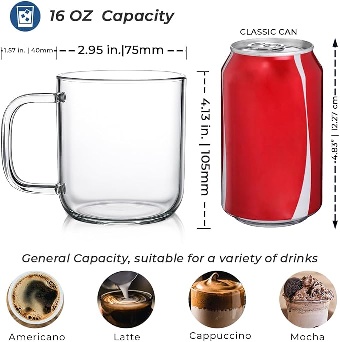 Aquach Glass Mugs 16 oz Set of 2, Large Clear Glass Cup with Handle for Hot/Cold Coffee Tea Beverage, Drinking Glasses