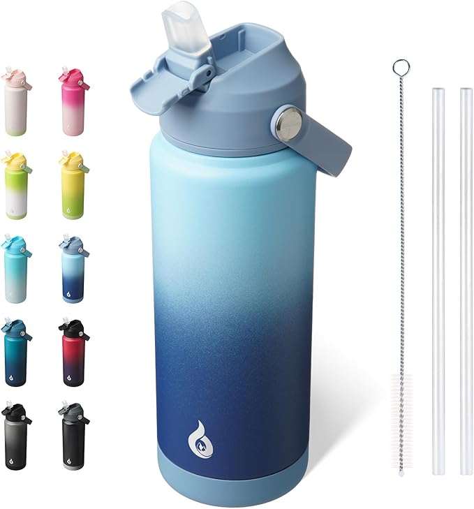 BJPKPK Water Bottle with Straw Lid, 24oz Vacuum Insulated Water Bottles, Metal Stainless Steel Thermos for Sports, Travel, BPA Free Leak Proof Thermos, Cups, Flasks, Tumblers,Sky