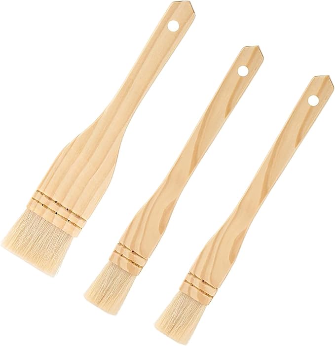 3PCS Pastry Brushes Basting Oil Brush with Goat Bristles and Hardwood Handles BBQ Cooking Baking Brush for Baking, Grilling, Cooking and Spreading Oil, Butter, BBQ Sauce, or Marinade