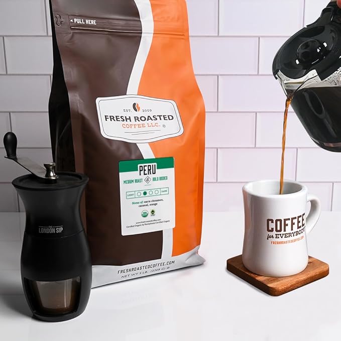Fresh Roasted Coffee, Organic Peru | Mold & Myco 3rd Party Tested, USDA Organic, Kosher | Med Roast 5 lb (80 oz) Ground