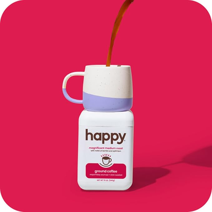 happy coffee medium roast ground coffee, 12 oz., notes of berries & optimism, recyclable container, grown & harvested in Brazil & Colombia, raíz sustainability verified