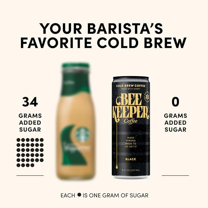 Beekeeper Coffee Black Cold Brew with Oregon Honey, 8 fl oz cans (Pack of 12), Ready-to-Drink, 180mg Natural Caffeine