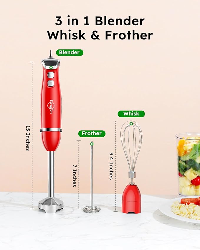 Sangcon Immersion Blender Handheld, 3-in-1 Hand Blender Electric, 400W Handheld Blender, Stainless Steel Blade Stick Blender with Whisk, Milk Frother Attachments - Red