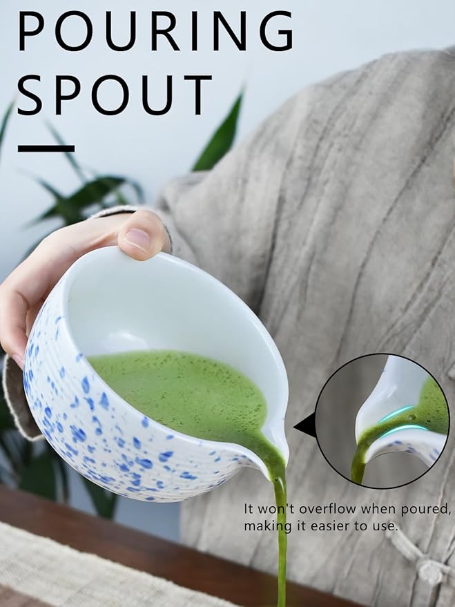 Artcome Matcha Tea Set - Ceramic Matcha Bowl with Pouring Spout, Bamboo Whisk, Whisk Holder, Tea Scoop & Matcha Manual - Complete Traditional Japanese Tea Ceremony Kit for Home, Office, or Gift, Blue