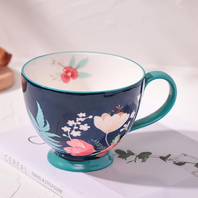 Vintage Flower Mugs – Large Ceramic Coffee Mug (15oz) – Cute Cereal Cup for Breakfast, Oatmeal Tea & Hot Drinks – Handmade Ceramic Cup with Floral Design