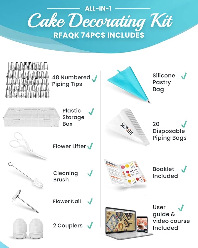 RFAQK 74 PCs Icing Piping Bags and Tips Set, Cake Decorating Kit with 48-Numbered Piping Tips, Anti Burst Pastry Bags for Cookie Cupcake Cake Decoration, Cake Decorating Tips Set with Booklet & E-book