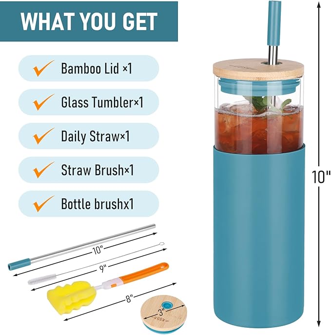 1Pack Glass Tumbler w/Lid & Straw - 24oz Reusable Glass Mug/Bamboo Lid & Stainless Steel Straw-BPA-Free, Leak-Proof, Dishwash Safe for Coffee, Smoothies, Hot Beverages, Travel, Office, Home Use