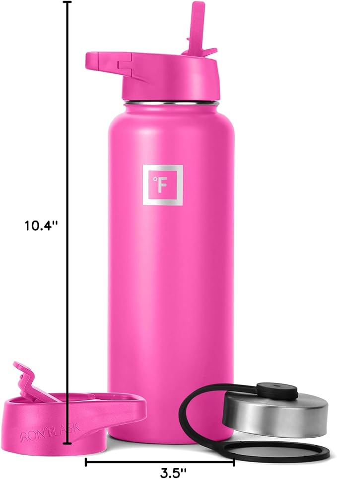 IRON °FLASK Camping & Hiking Hydration Flask with 3 Lids - Stainless Steel, Double Walled & Vacuum Insulated Water Bottle - Leak Proof & BPA Free (Pink Tulip, Straw - 40 oz)