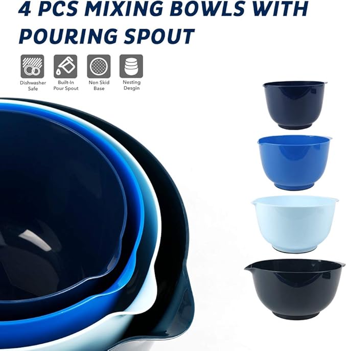 BoxedHome Nesting Plastic Mixing Bowl Set With Pour Spout, Microwave and Dishwasher Safe, BPA free Non-Slip Base, Set of 4 Size 1.7, 2.5, 3.5 and 4.5qt, Great for Prepping, Baking, Cooking (Dark Blue)