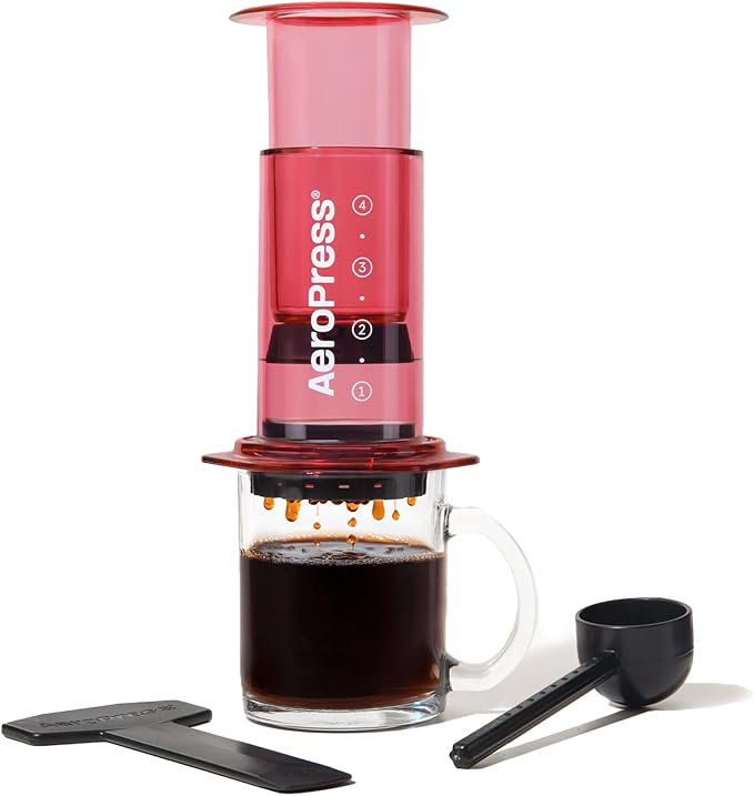 AeroPress Clear Red Coffee Press – 3 In 1 Brew Method Combines French Press, Pourover, Espresso, Full Bodied Coffee Without Grit or Bitterness, Small Portable Coffee Maker for Camping & Travel, Red