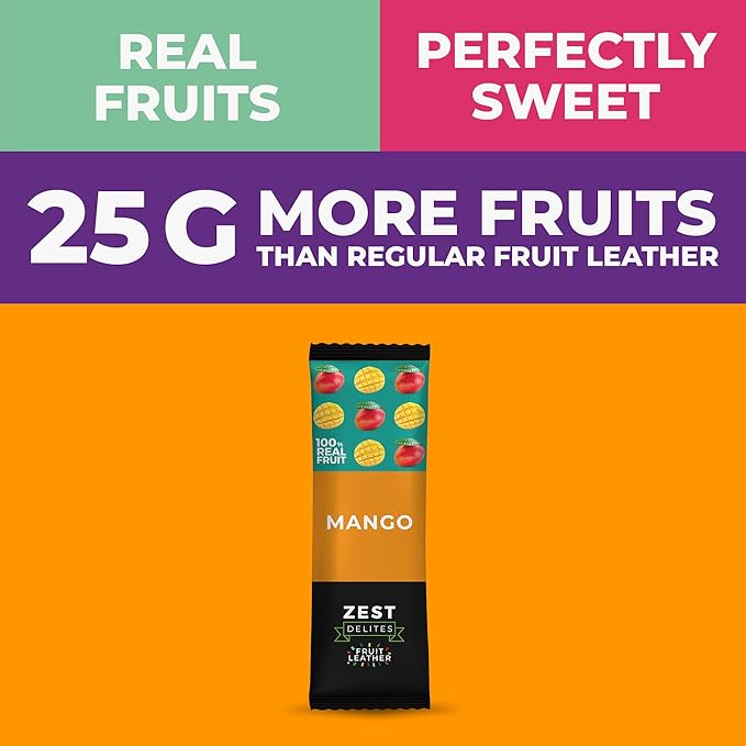 Fruit Snacks by Zest Delites, Fruit Leather, Dried Mango Bars, Healthy Snacks for Adults & Kids, No Sugar Added, Apple-Based Mango Strips, 0.88 oz x 10