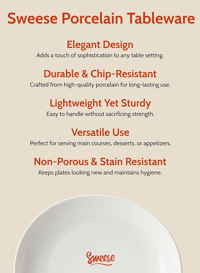 Sweese Porcelain 7.8 Inch Dessert Plates Set of 6 - White Salad Plates, Appetizer Plates, Small Plates - Dishwasher, Microwave, Oven Safe, Smooth Glaze, Scratch Resistant
