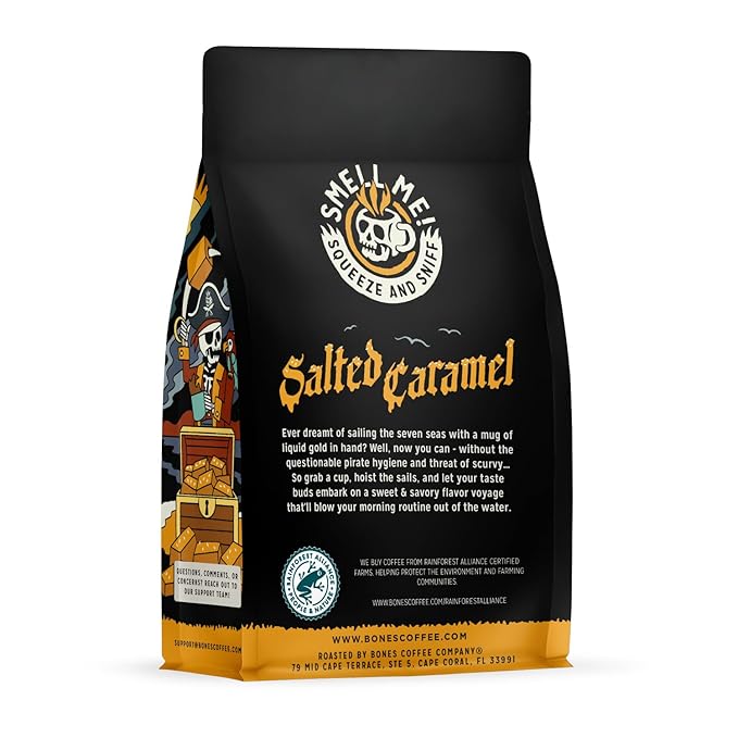 Bones Coffee Company Salted Caramel Flavored Coffee, Medium Roast Low Acid Arabica Beans Compatible with Auto drip and French Press Coffee Maker, 12 Oz Whole Bean