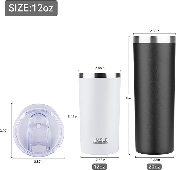 HASLE OUTFITTERS 12oz Skinny Tumbler Bulk, Slim Tumblers Set with Lid, Double Wall Stainless Steel Insulated Travel Coffee Mug, Durable Powder Coated Travel Water Cup(White, 12)