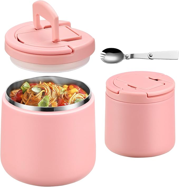20oz Insulated Vacuum Food Jar with Buckle Lid,Soup Thermo for Hot Food Kids,Wide Mouth Leakproof Stainless Steel Lunch Container with Spoon-Pink