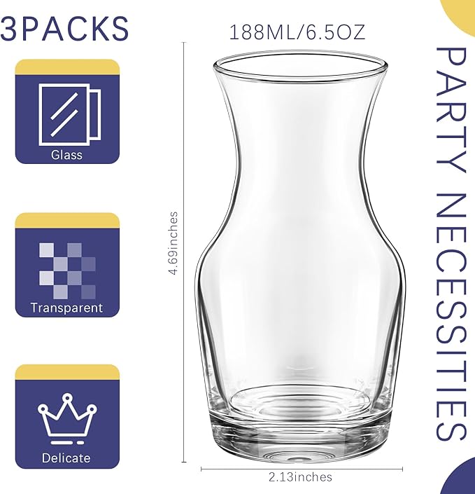3 Pack Single Serving Wine Carafe Glass Small Mini Carafe Individual Wine Refill Decanter for Dinner Parties Tastings Bars Restaurants (6.5 oz)