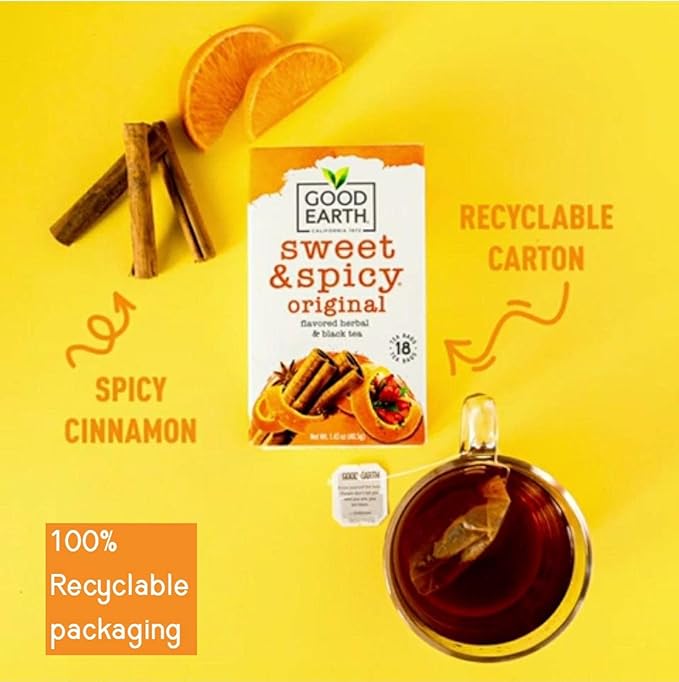 Good Earth Sweet & Spicy, Caffeine Free Peppermint Herbal Tea, Black 18 Tea Bags (Pack of 6)