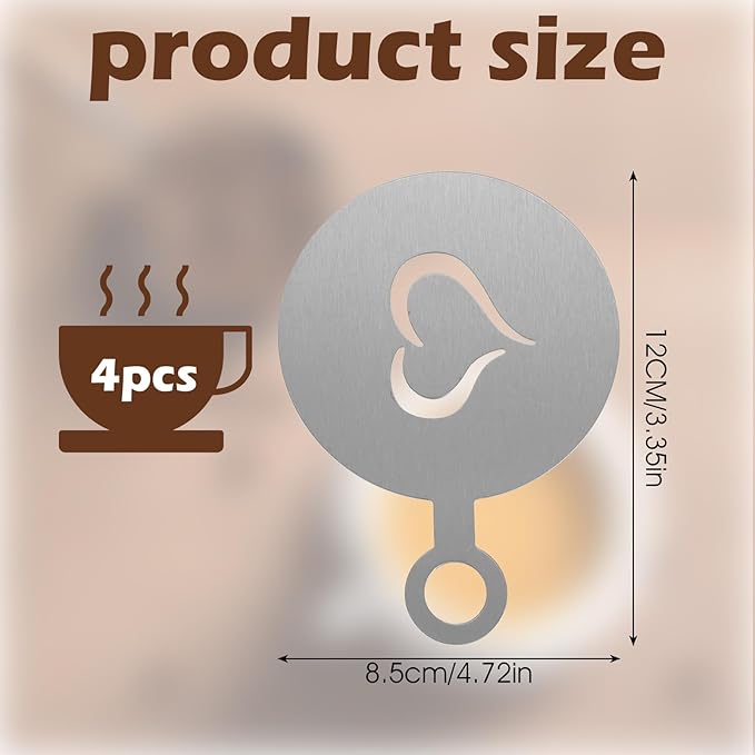 4 Pcs Stainless Coffee Stencils Latte Art,Latte Art Stencils,Lattes Stencilss with Various Patterns for Cappuccino Lattes Cake Decorating Coffee Shop and Home Use(Silver)