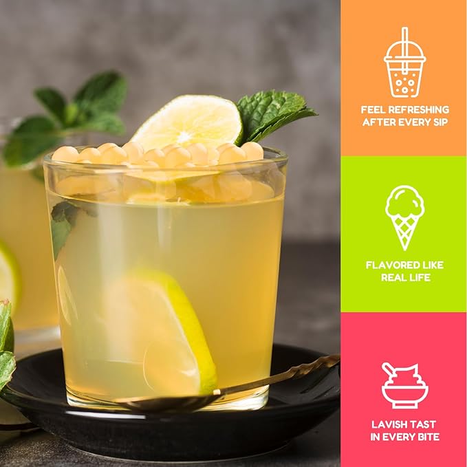 Fanale Lemon Popping Boba Pearls, Vegan, Non GMO, Gluten Free, Fat Free, Perfect for Bubble Tea, Smoothies, Ice Cream, Desserts, and Beverages.