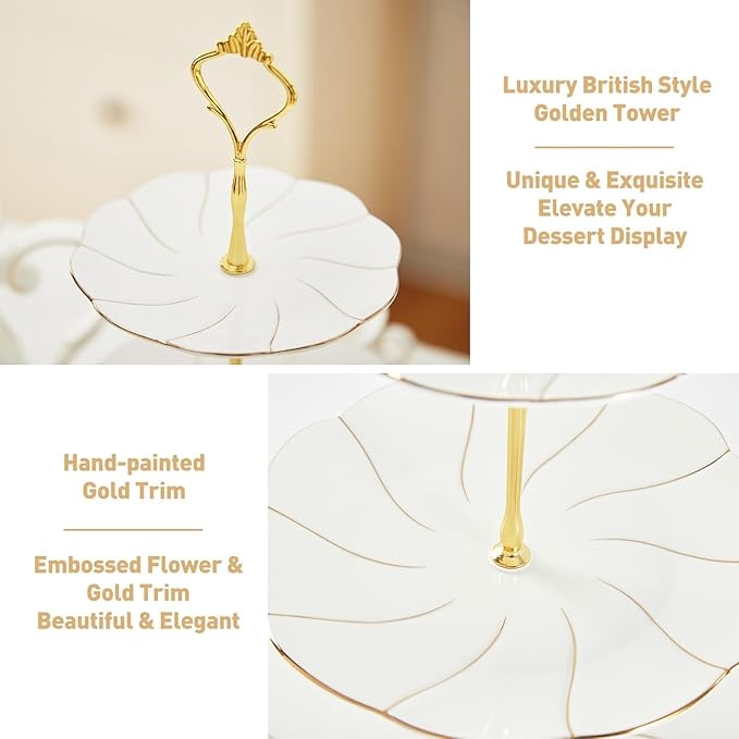DUJUST 2pcs Porcelain 3-Tier Cupcake Stand Tower, British Style Serving Tray with Golden Trim, Food Grade Dessert Display Stand, Beautiful Gift for Tea Party & Home Décor