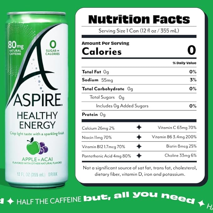 ASPIRE® Apple Acai, Healthy Energy Drink 80mg Natural Caffeine, Zero Sugar No Carbs Keto Friendly, 12 Pack Green Tea Sugar Free Drink Low Caffeine Zero Calorie