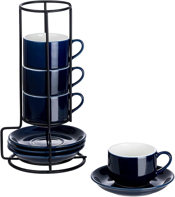 YOLIFE 2.5oz Porcelain Stackable Espresso Cups with Saucers and Metal Stand Set of 4, Stackable Cappuccino Cups, Blue Expresso Shots Cup Set for Coffee Drinks, Latte, Tea