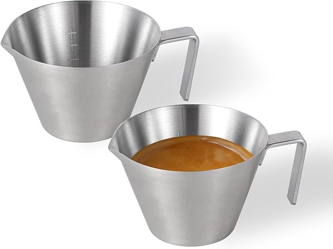 MHW-3BOMBER Espresso Shot Cups with Handle Espresso Measuring Cup Dishwasher Safe 2 Pack Stainless Steel Pouring Cup for Tomato Sauce|Steak Sauce|Dessert|Beverage (Matte Glossy) G6196-OS
