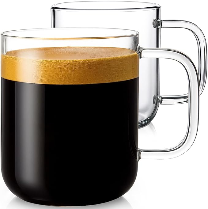Aquach Glass Mugs 16 oz Set of 2, Large Clear Glass Cup with Handle for Hot/Cold Coffee Tea Beverage, Drinking Glasses