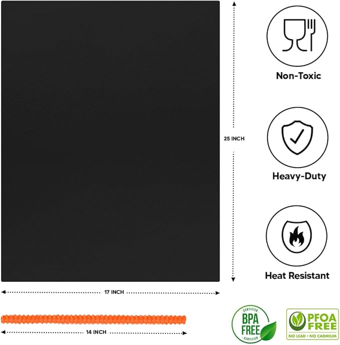 Oven Liners for Bottom of Oven Black (4-pack) Bundled with Rack Shield (4-pack) - Large Mat for Bottom of Range (17"x 25") and 14" Orange Stove Guards for Racks - Reusable & Heat Resistant