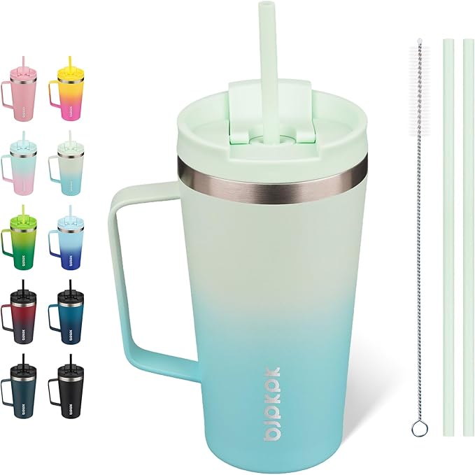 BJPKPK Insulated Tumbler with Handle, 18oz Insulated Tumblers with Lid and Straw, Stainless Steel Metal Water Bottles, Coffee Travel Mugs, Cups, Mint