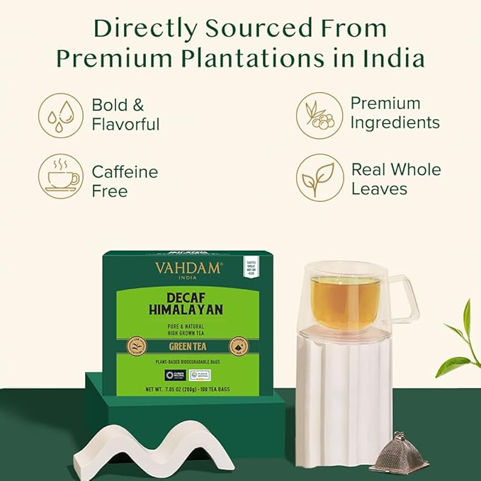 VAHDAM, Decaf Himalayan Green Tea Bags (100 Pyramid Tea Bags) Caffeine Free, Gluten Free | High Grown Decaf Green Tea | Resealable Ziplock Pouch | Pyramid Tea Bags