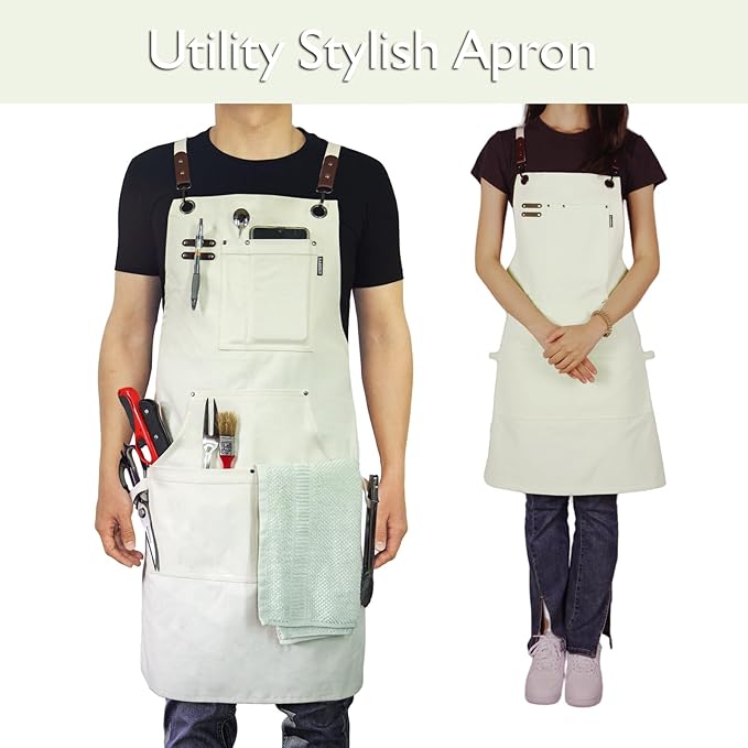 5 Pack Kitchen Apron, Work Apron, Canvas, Multiple Pockets, Gardening, Painting, BBQ, Artist, Carpenter, Sizes M to XXL, White