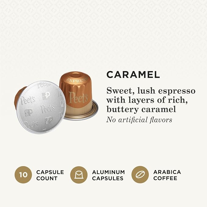 Peet's Coffee, Dark Roast Espresso Capsules Compatible with Nespresso Original Machine, Caramel 10 Count (1 Box of 10 Espresso Capsules) (Pack of 2)