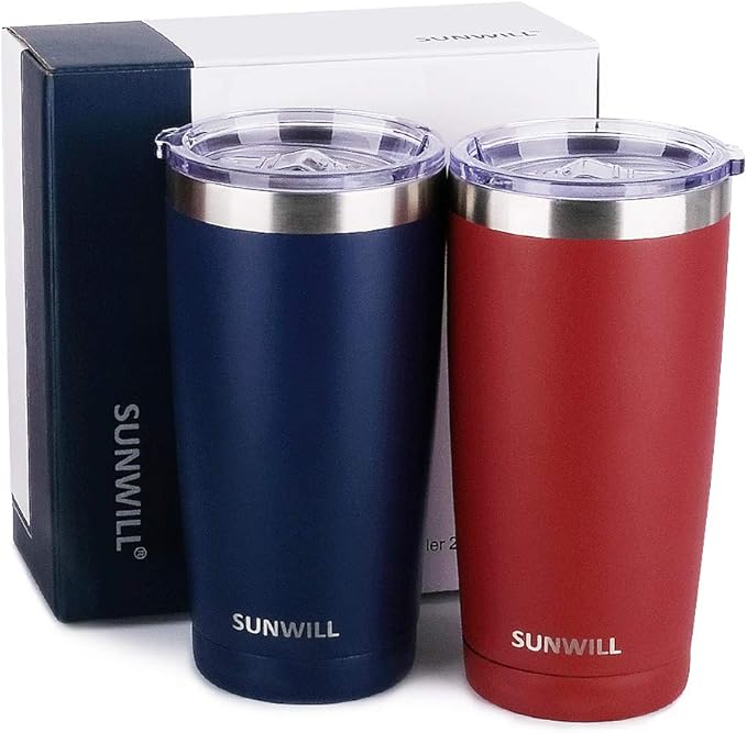 SUNWILL Travel Coffee Mug with Lid, 20 oz Tumbler Set of 2, Insulated Stainless Steel Cup for Water, Tea, Powder Coated Wine & Navy
