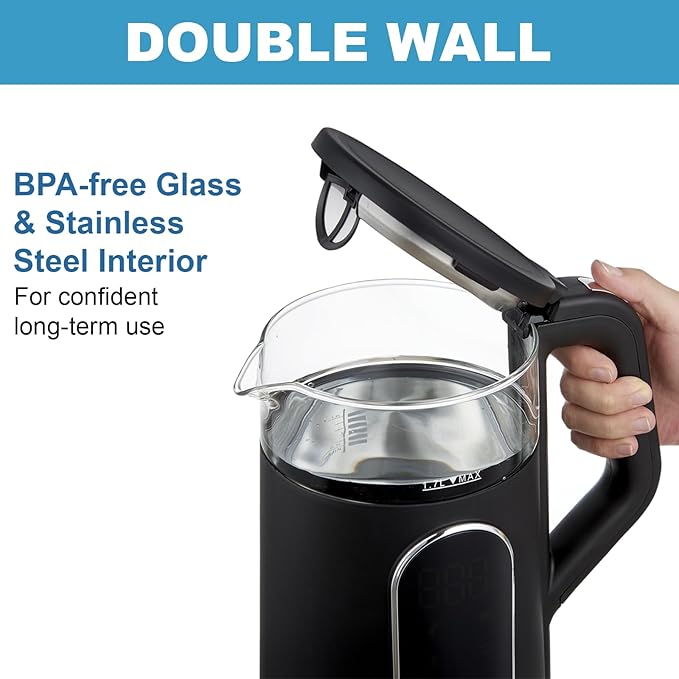 Electric Kettle, 1500W Fast Boiling Glass Water Kettle with Temperature Control, 1.7L Cordless Stainless Steel Base, Keep Warm & Auto Shut-Off, BPA-Free, Black