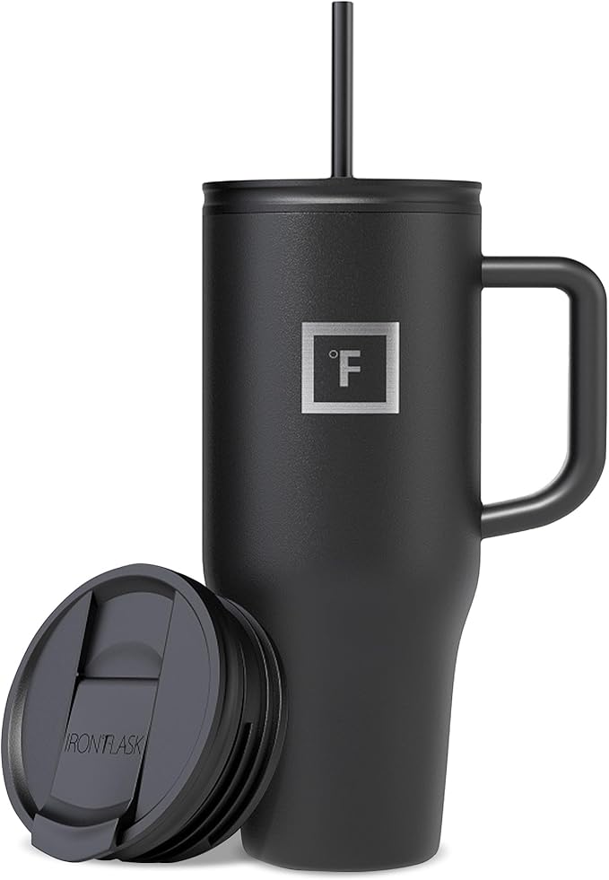 IRON °FLASK Co-Pilot Insulated Mug w/Straw & Flip Cap Lids - Cup Holder Bottle for Hot, Cold Drink - Leak-Proof - Water, Coffee Portable Travel Mug -, 32 Oz