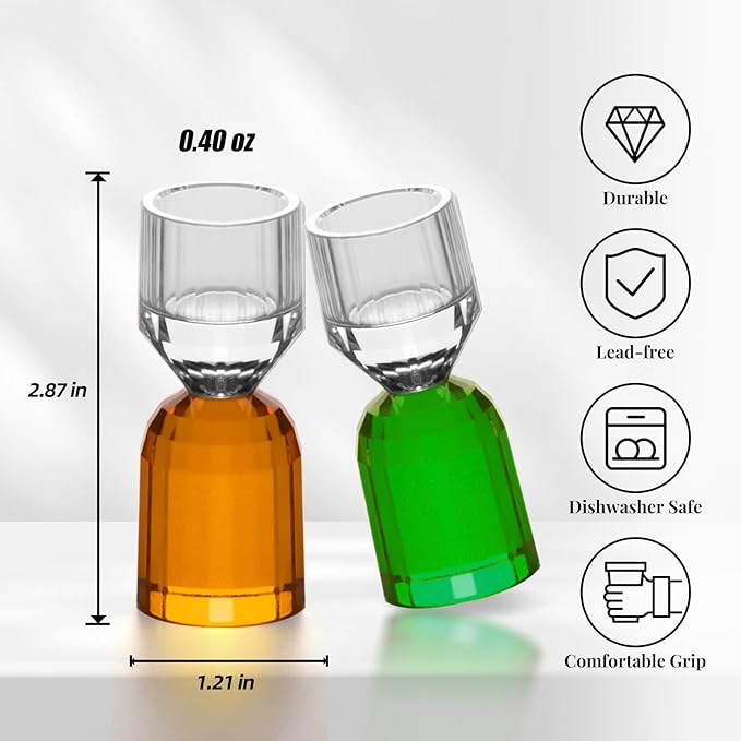 KAMMAK Crystal Shot Glasses Set of 2, Stemless Handcrafted Shot Glasses, 0.4 oz Engagement Gifts for Couples, Women, Men, Hand Blown, White with Colored